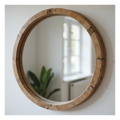 A realistic mirror with a wooden frame reflecting a room, photorealistic style. sticker