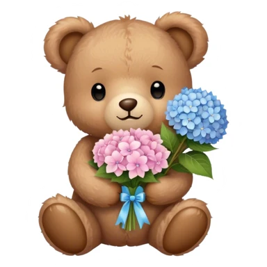 light brown teddy bear super cute holding a light pink and light blue bouquet of hydrangeas sticker