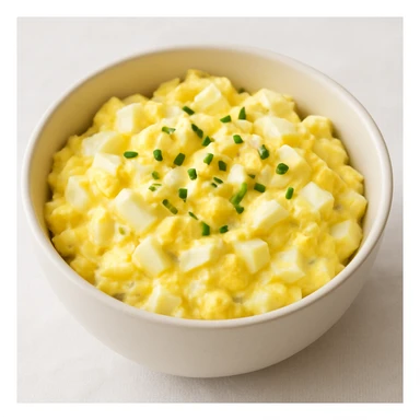 egg salad served in a bowl, yellow and white colors, clean presentation sticker