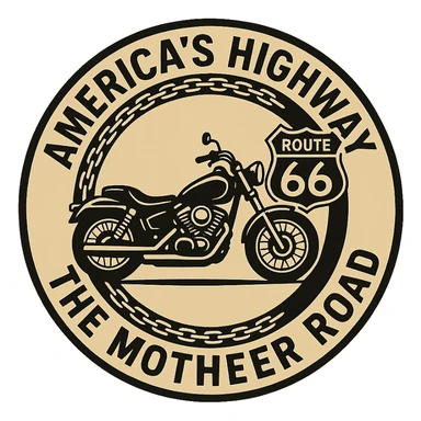 circular design for motorcycle cap, transparent background, text 'AMERICA'S HIGHWAY - ROUTE 66 - THE MOTHER ROAD', motif: chain, motorcycle, Route 66 sign, friendly style sticker