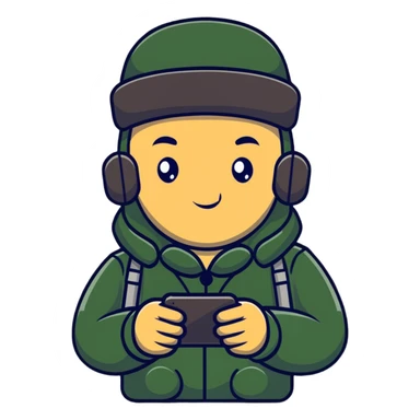 Russian military blogger wearing an ushanka hat and a vatnik, holding a smartphone sticker