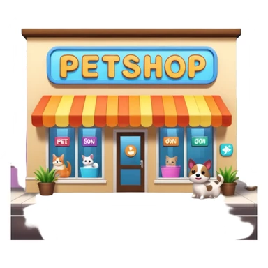 Modern building of a pet shop with a big glowing sign that says PETSHOP on the front. Colorful storefront, large windows showing pet products inside, cute animal illustrations on the walls, warm and friendly atmosphere, daytime, high-quality detailed render sticker
