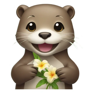 A happy and cute otter face holding a Hawaiian flower sticker