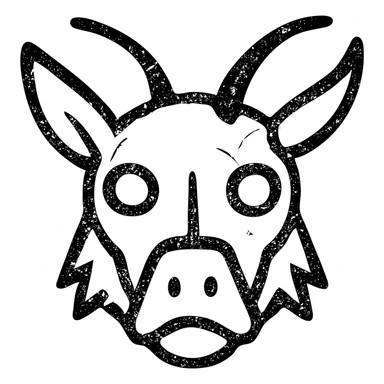 a highly abstract and minimalist red icon combining: stoat fur texture, minotaur skull with horn, frog eyes, elf facial structure, moth antennae, cat ears, platypus bill elements, and capybara nose, all fused into one bizarre chimeric head, extremely weathered with scratches, broken lines, and worn appearance, entirely red sticker