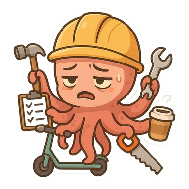 An overwhelmed construction worker with an octopus body and helmet, tired expression. Tentacles grasp a hammer, checklist, wrench, saw, coffee cup, and electric scooter, emphasizing multitasking and stress. sticker