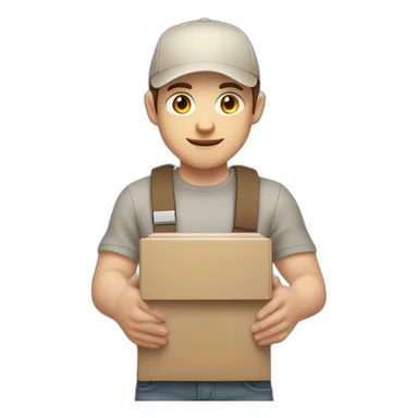 Pale skinned fit Man with dark brown hair in a beige cap, gray jeans, brown polo and white T-shirt keeping a pasted with tape white box into his hands sticker