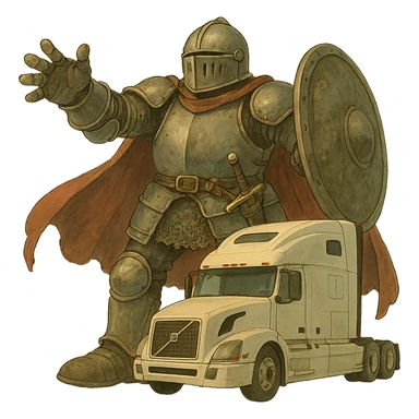 Transform Casper the ghost into a medieval knight in armor, much larger than the white semi truck, ghibli style with transparent background. sticker