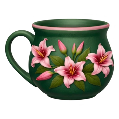 dark green pottery mug, no spoon, designed with dark red roses and pink lilies on it sticker