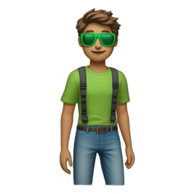 jongen bruin haar zwarte schoenen lichtblauwe baggy broek groene trui zwarte zonnenbril sticker