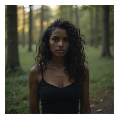 black woman in a forest, natural lighting and detailed background, photorealistic style sticker