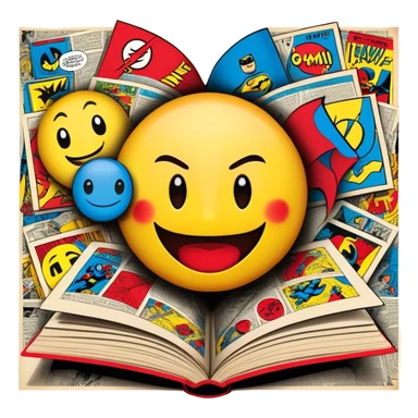 Create a vibrant emoji, representing comic books and graphic novels as an art form. The design should feature a large, opened comic book with vintage comic panels on the pages. Include a pencil (without a hand), writing text or sketching on the pages. The comic panels should have bold lines and retro-style artwork with classic comic book visuals. Use bright, energetic colors like red, yellow, and blue to evoke excitement and creativity. The overall design should feel dynamic, vintage, and artistic. Make the background transparent. sticker