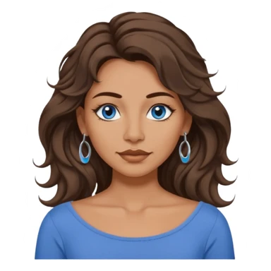 female emoji with long wavy brunette shag hair, blue-grey eyes, boatneck top, septum piercing sticker