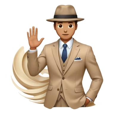 Ethereal male silhouette with suit jacket and hat, surrounded by flowing energy waves and subtle style elements, masculine fashion inspiration sticker