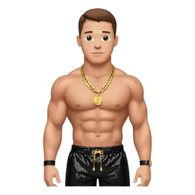 John Cena with black sequin baggy pants, shirtless with necklace, brown hair sticker
