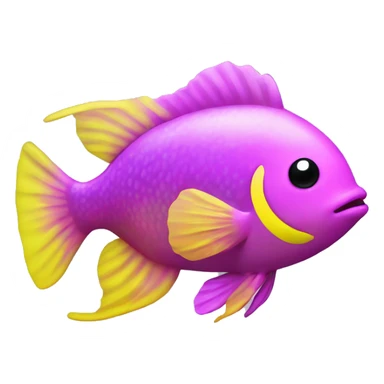 tiny fish with purpleish pink front face and half front of body, neon yellow back half and black dot on top fin sticker