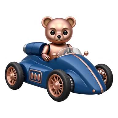 Real-proportional dark blue and rosegold-accented  retro racing car driven by furry-faced small evil alien scary robot teddy bear with rear spoiler (Star Wars style) sticker