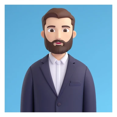 3D emoji style man with close-cropped haircut and beard, dressed in a black blazer and white shirt, blue background with a white branch graphic sticker