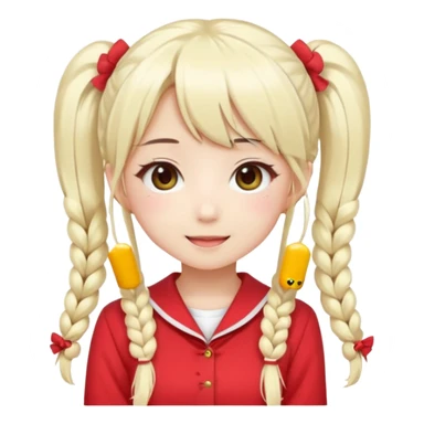 Cute kawaii emoji-style Japanese K-pop girl, long platinum blonde hair in twin tails, red outfit, Japanese K-pop idol vibes, big sparkling eyes, chibi proportions, clean lineart, pastel colors, cheerful idol smile, sticker/emoji style, transparent background sticker
