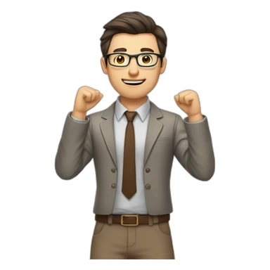 To belt Actively gesturing with hands Pale skinned fit man teacher with dark brown hair in gray jacket, beige office shirt, brown tie, brown pants and vintage glasses. sticker