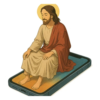 Jesus sitting on an iPhone, detailed, ghibli style sticker
