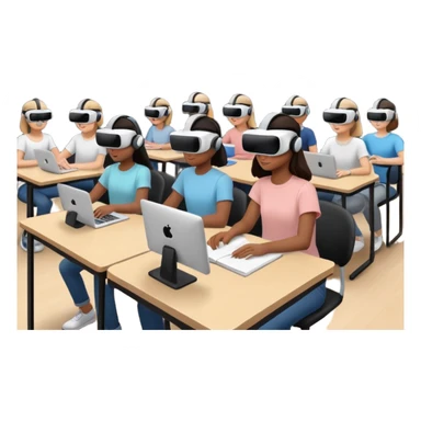 Birdseye view of large study space with students working separately add students wearing Virtual reality headsets sticker