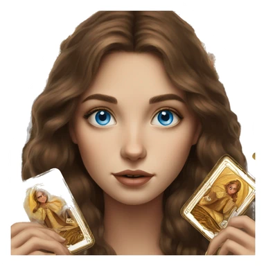 Brown hair blue eyes beautiful girl with brown tarot gold cards sticker