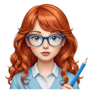 redheaded woman with very long wavy hair and bangs, blue eyes, clear cat-eye glasses, stylish modern outfit, holding a pencil sticker