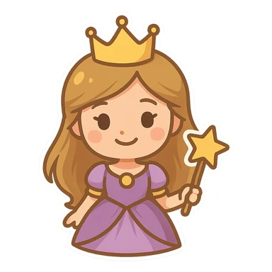cartoon-style princess emoji with long hair, wearing a golden crown, smiling softly, dressed in a royal gown, holding a magic wand, chibi stickers style sticker