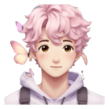 Gorgeous pastel anime style shojo man with blushing face and butterflies aesthetic and pretty hair trending style sticker
