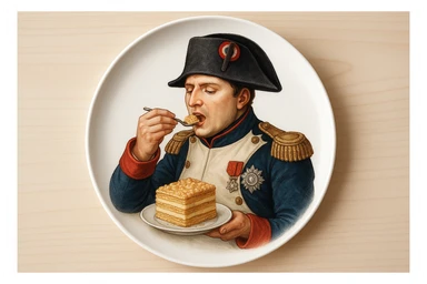 Вид сверху. Круглая белая тарелка полностью помещается в кадр, края не обрезаны. На тарелке — реалистичная иллюстрация: Наполеон Бонапарт в парадной форме аккуратно кладёт себе в рот кусочек торта «Наполеон». Сам торт выглядит аппетитно и аккуратно: ровные слои теста и крема, чистые края, красивая подача. sticker