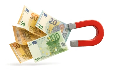 banconote di euro fluttuano vicino ad una calamita rossa, sono attratte, iperrealistico 4k sticker