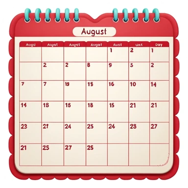 a monthly calendar labeled “August,” with rounded square date boxes, scalloped border frame, playful red doodle lines, and a cozy planner vibe. Minimal kawaii style, flat pastel color palette, slightly imperfect sketch lines, centered object, no background sticker