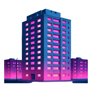 Soviet-style apartment block at night, stark concrete silhouette against dark blue night sky, single window emitting vibrant pink ultraviolet light, ghetto ambience sticker