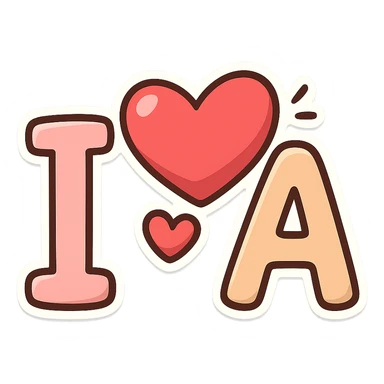 massive 'I ❤️ A' in cute cartoon style, heart popping out, rounded friendly letters sticker