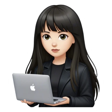 Beautiful white girl, with dark very long hair with bang, wearing black jacket with MacBook  sticker