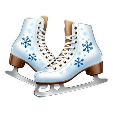 An icon showing In the background, twinkling lights, winter trees, and cheering spectators create a festive atmosphere. a pair of elegant ice skates gliding across a smooth, frozen rink with snowflakes in the air. Transparent background highlights the grace and charm of ice skating. sticker