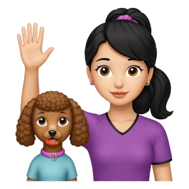 Ponytail black hair girl with brown Poodle say goodbye  sticker