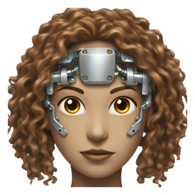 female cyborg head with metallic plated face, long brown curly hair and circuitry sticker