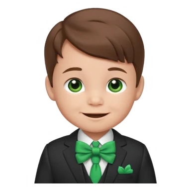 baby boy, brown hair in suit, with green bow, smile sticker