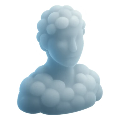person made entirely of white fluffy convex clouds, shoulder up, front view, matte glass style, no background sticker