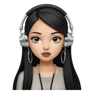 generate a pretty bratz girl with black long straight hair and silver headphones on, brown lipstick tattoo on shoulder, eyeliner on, silver hoops sticker