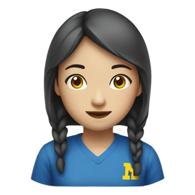 Chinese girl with mid part wearing a blue shirt that says “Michigan Crew” sticker