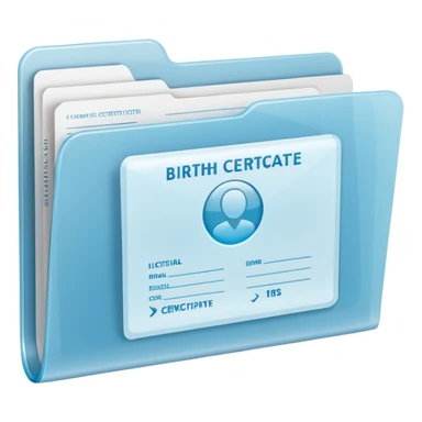 A simple emoji-style icon of a transparent plastic folder, clean and minimal, with rounded corners, subtle translucency, soft shading, and a small official documents symbol representing birth certificate, and SS. sticker