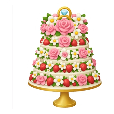 Add even more pink and white flowers to the white wedding cake with strawberries and gold ring topper in emoji style, with no background. The style should resemble emoji style with vibrant colors and simple shapes. sticker