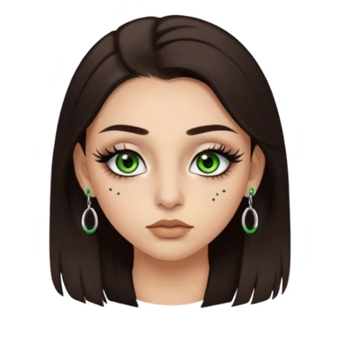 Y2k style Girl with: long, straight dark brown hair, green/ hazel eyes, nostril and septum piercing, fake eyelashes and eyeliner sticker