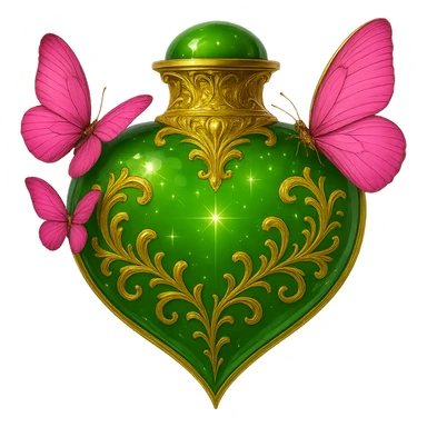 A crystal green heart-shaped bottle with golden details and pink butterflies, hanging in the air with no base or shadow. The bottom part is elegantly and seamlessly connected, with a transparent background. The design remains crystal clear and elegant, with no additional elements. sticker