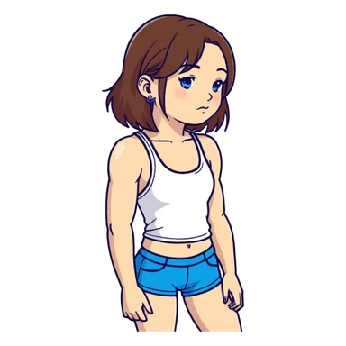 white girl with brown hair, septum piercing, nose piercings, black tank top, blue booty shorts, thin build, defined jaw sticker