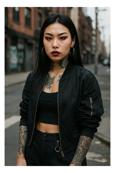 asian girl with arm and neck tattoos, edgy streetwear, bold look sticker
