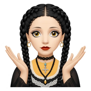 Lene Lovich as seen on the Stateless album cover with a typical symmetrical pose with her hands, lots of lace and braided hair sticker