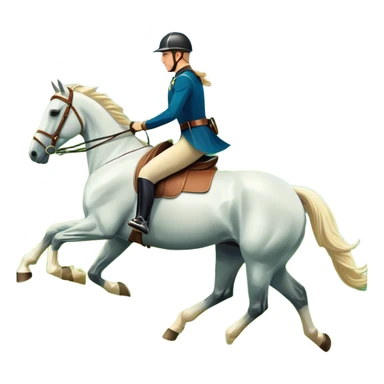 An icon featuring a horse and rider galloping gracefully over a lush green field. The rider is in full gear, guiding the horse with precision. The background shows rolling hills, a clear blue sky, and vibrant sunlight illuminating the scene. Transparent background highlights the elegance sticker